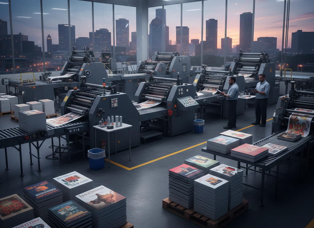 Printing press in a factory producing books with city skyline in the background.