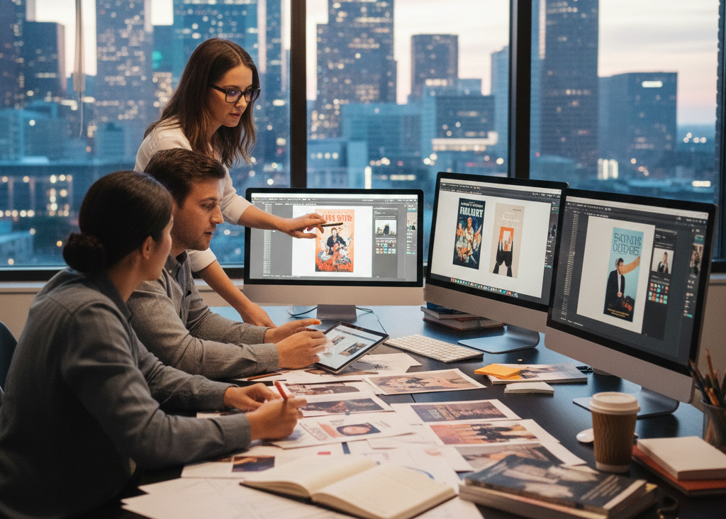 A creative team designing book covers on multiple computers in a modern office.